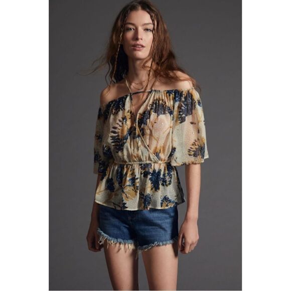 NEW Anthropologie Let Me Be Off-The-Shoulder Stappy Sheer Blouse Top Shirt Large - Picture 1 of 4